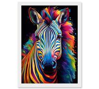 Artery8 Rainbow Striped Zebra Colourful Vibrant Bold Psychedelic Neon Impact Artwork Framed Wall Art Print A4