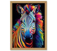 Wall Art Print Rainbow Striped Zebra Colourful Vibrant Bold Psychedelic Neon Impact Artwork Framed A4 Artery8 Light Oak A4