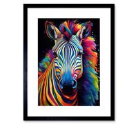 Artery8 Wall Art Print Rainbow Striped Zebra Colourful Vibrant Bold Psychedelic Neon Impact Artwork Framed 9X7 Inch in Black | Size: W7" x H9" Artery8 Black W7" x H9"