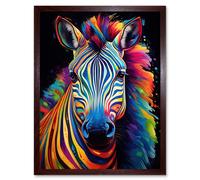 Artery8 Wall Art Print Rainbow Striped Zebra Colourful Vibrant Bold Psychedelic Neon Impact Artwork Art Framed in Brown | Size: W12" x H16" Artery8 Brown W12" x H16"