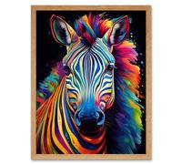 Artery8 Wall Art Print Rainbow Striped Zebra Colourful Vibrant Bold Psychedelic Neon Impact Artwork Art Framed in Light Oak | Size: W12" x H16" Artery8 Light Oak W12" x H16"