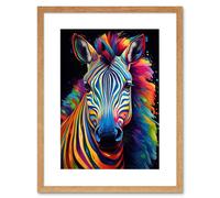 Artery8 Wall Art Print Rainbow Striped Zebra Colourful Vibrant Bold Psychedelic Neon Impact Artwork Framed 9X7 Inch in Beige | Size: W7" x H9" Artery8 Beige W7" x H9"