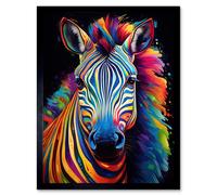 Artery8 Wall Art Print Rainbow Striped Zebra Colourful Vibrant Bold Psychedelic Neon Impact Artwork Art Framed in Black | Size: W12" x H16" Artery8 Black W12" x H16"