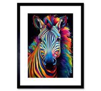 Artery8 Wall Art Print Rainbow Striped Zebra Colourful Vibrant Bold Psychedelic Neon Impact Artwork Framed 9X7 Inch