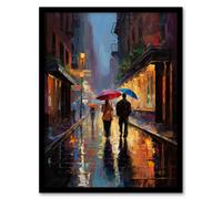 Artery8 Wall Art Print Rainy Romance Colourful Oil Painting Couple Talking A Romantic Walk With Umbrellas On A Rainy Night Bedroom Art Framed Artery8 Blue W12" x H16"