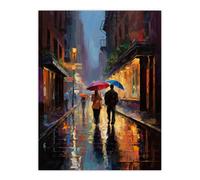 Artery8 Wall Art Print Rainy Romance Colourful Oil Painting Couple Talking A Romantic Walk With Umbrellas On A Rainy Night Bedroom Art Poster Artery8 Blue W12" x H16"