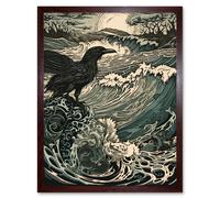 Artery8 Wall Art Print Raven & Crashing Waves Coastal Sunrise Landscape Art Framed in Brown | Size: W12" x H16" Artery8 Brown W12" x H16"