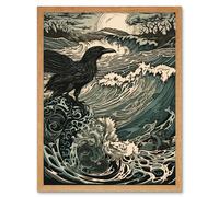 Artery8 Wall Art Print Raven & Crashing Waves Coastal Sunrise Landscape Art Framed in Light Oak | Size: W12" x H16" Artery8 Light Oak W12" x H16"