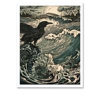 Artery8 Wall Art Print Raven & Crashing Waves Coastal Sunrise Landscape Art Framed in White | Size: W12" x H16" Artery8 White W12" x H16"