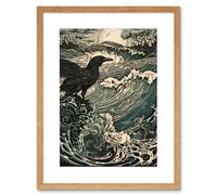 Artery8 Wall Art Print Raven & Crashing Waves Coastal Sunrise Landscape Artwork Framed 9X7 Inch in Beige | Size: W7" x H9" Artery8 Beige W7" x H9"