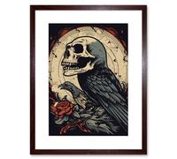 Artery8 Wall Art Print Raven Human Skull Old School USA Tattoo Ink Body Rockabilly Americana 50s Artwork Framed 9X7 Inch in Brown | Size: W7" x H9" Artery8 Brown W7" x H9"