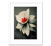Artery8 Wall Art Print Realistic Greyscale Macro Flower Floral Bloom with Orange Red Stamen Artwork Framed 9X7 Inch in White | Size: W7" x H9" Artery8 White W7" x H9"