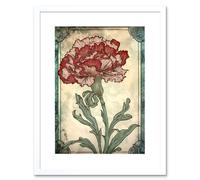 Artery8 Wall Art Print Red Carnation Flower Bloom Watercolour Art Nouveau Artwork Framed 9X7 Inch in White | Size: W7" x H9" Artery8 White W7" x H9"