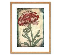 Artery8 Wall Art Print Red Carnation Flower Bloom Watercolour Art Nouveau Artwork Framed 9X7 Inch in Beige | Size: W7" x H9" Artery8 Beige W7" x H9"