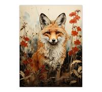 Artery8 Wall Art Print Red Fox w/ Wildflowers Watercolour Painting Amber Cream Grey Woodland Creature in Autumn Field Floral Animal Portrait Poster Artery8 Beige W12" x H16"
