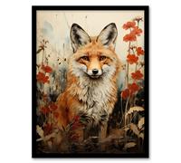 Artery8 Red Fox with Wildflowers Watercolour Painting Amber Cream Grey Woodland Creature in Autumn Field Floral Animal Portrait Art Print Framed Poster Wall Decor 12x16 inch