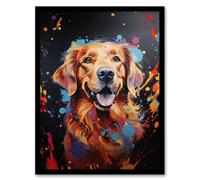 Artery8 Framed Wall Art Red Golden Retriever Dog Lover Gift Pet Portrait Orange Blue On Black Artwork Painting - 12X16 Inch