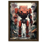 Wall Art Print Red Mecha Robot in City Street Anime Sci-Fi Artwork Giant Humanoid Machine Fantasy Science Fiction Artwork Framed A4 Artery8 Brown A4