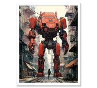 Artery8 Wall Art Print Red Mecha Robot in City Street Anime Sci-Fi Artwork Giant Humanoid Machine Fantasy Science Fiction Art Framed Artery8 White W12" x H16"