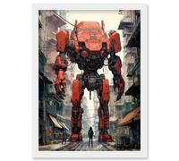 Wall Art Print Red Mecha Robot in City Street Anime Sci-Fi Artwork Giant Humanoid Machine Fantasy Science Fiction Artwork Framed A4 Artery8 White A4
