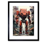 Artery8 Wall Art Print Red Mecha Robot in City Street Anime Sci-Fi Artwork Giant Humanoid Machine Fantasy Science Fiction Artwork Framed 9X7 Inch Artery8 Black W7" x H9"