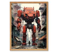 Artery8 Wall Art Print Red Mecha Robot in City Street Anime Sci-Fi Artwork Giant Humanoid Machine Fantasy Science Fiction Art Framed Artery8 Light Oak W12" x H16"