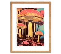 Artery8 Wall Art Print Red Mushroom Fungi Pink Blue Bright Psychedelic Nature Kitchen Artwork Framed 9X7 Inch in Beige | Size: W7" x H9" Artery8 Beige W7" x H9"