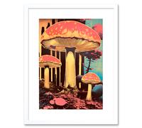 Artery8 Wall Art Print Red Mushroom Fungi Pink Blue Bright Psychedelic Nature Kitchen Artwork Framed 9X7 Inch in White | Size: W7" x H9" Artery8 White W7" x H9"
