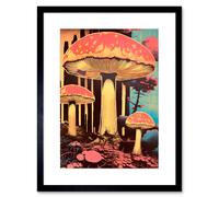 Artery8 Wall Art Print Red Mushroom Fungi Pink Blue Bright Psychedelic Nature Kitchen Artwork Framed 9X7 Inch in Black | Size: W7" x H9" Artery8 Black W7" x H9"
