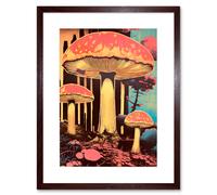 Artery8 Wall Art Print Red Mushroom Fungi Pink Blue Bright Psychedelic Nature Kitchen Artwork Framed 9X7 Inch in Brown | Size: W7" x H9" Artery8 Brown W7" x H9"