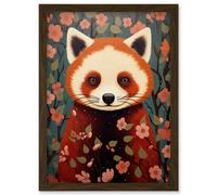 Wall Art Print Red Panda Cute Tree Blossom Kids Bedroom Artwork Framed A4 Artery8 Brown A4