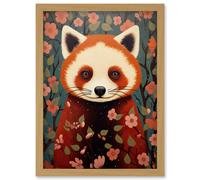 Wall Art Print Red Panda Cute Tree Blossom Kids Bedroom Artwork Framed A4 Artery8 Light Oak A4