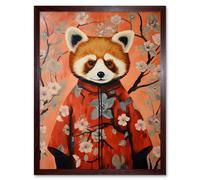 Artery8 Wall Art Print Red Panda in Kimono Cherry Blossom Trees Japan Art Framed in Brown | Size: W12" x H16" Artery8 Brown W12" x H16"