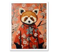 Artery8 Wall Art Print Red Panda in Kimono Cherry Blossom Trees Japan Art Framed in White | Size: W12" x H16" Artery8 White W12" x H16"