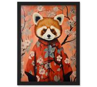 Artery8 Wall Art Print Red Panda in Kimono Cherry Blossom Trees Japan Artwork Framed A4 in Black Artery8 Black A4