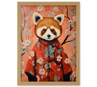 Wall Art Print Red Panda in Kimono Cherry Blossom Trees Japan Artwork Framed A4 Artery8 Light Oak A4