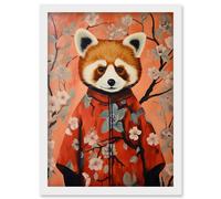Wall Art Print Red Panda in Kimono Cherry Blossom Trees Japan Artwork Framed A4 Artery8 White A4