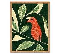 Artery8 Wall Art Print Red Parrot On Tree Branch Vintage Linocut Art Framed in Light Oak | Size: W12" x H16" Artery8 Light Oak W12" x H16"