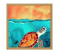 Artery8 Wall Art Print Red Shelled Loggerhead Sea Turtle Square Framed Picture 16X16 Inch in Light Oak | Size: W16" x H16" Artery8 Light Oak W16" x H16"