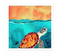 Artery8 Wall Art Print Red Shelled Loggerhead Sea Turtle Square Framed Picture 16X16 Inch in White | Size: W16" x H16" Artery8 White W16" x H16"