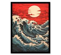 Artery8 Wall Art Print Red Sunset Clouds & Storm Great Wave Off-Kanagawa Framed | Size: W12" x H16" Artery8 Red W12" x H16"