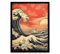 Artery8 Framed Wall Art Red Sunset Great Wave Dramatic Stormy Seascape - 12X16 Inch
