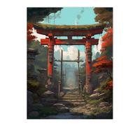 Artery8 Wall Art Print Red Torii Gate Leading to Shinto Shrine in Forest Painting Steps to Sacred Grounds Temple in Tranquil Landscape Poster Artery8 Multicolor W12" x H16"