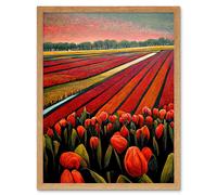 Artery8 Wall Art Print Red Tulip Fields Of Holland Netherlands Modern Oil Art Framed in Light Oak | Size: W12" x H16" Artery8 Light Oak W12" x H16"