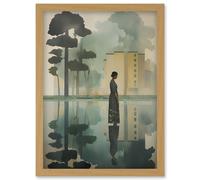 Artery8 Wall Art Print Reflecting & Reflection of Calm Artwork Modern Simple Calming Soft Painting Flat Lake Trees Artwork Framed A4 in Light Oak Artery8 Light Oak A4