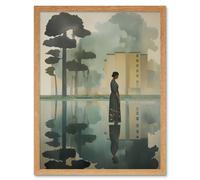Artery8 Wall Art Print Reflecting & Reflection of Calm Artwork Modern Simple Calming Soft Painting Flat Lake Trees Art Framed | Size: W12" x H16" Artery8 Light Oak W12" x H16"