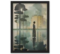 Artery8 Wall Art Print Reflecting & Reflection of Calm Artwork Modern Simple Calming Soft Painting Flat Lake Trees Artwork Framed A4 in Black Artery8 Black A4