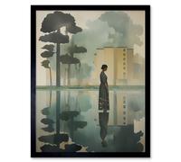 Artery8 Wall Art Print Reflecting & Reflection of Calm Artwork Modern Simple Calming Soft Painting Flat Lake Trees Art Framed | Size: W12" x H16" Artery8 Black W12" x H16"