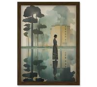 Artery8 Wall Art Print Reflecting & Reflection of Calm Artwork Modern Simple Calming Soft Painting Flat Lake Trees Artwork Framed A4 in Brown Artery8 Brown A4