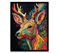 Artery8 Wall Art Print Reindeer Rainbow Abstract Floral Pattern Stag Head Vibrant Bold Bright Colourful Painting Art Framed | Size: A4 Artery8 Multicolor A4